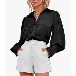 BTFBM Women’s M Black Satin Button Down Shirt Lantern‎ Long Sleeve Office Casual